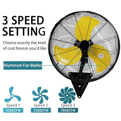 AZOUTDOOR Wall Mount Fan, 20" Oscillating Wall Fan with 7000CFM, 3-Speed, Upgrade Motor High Velocity Industrial Fans for Commercial, Garage, Residential and Patio Use, Yellow - color: Yellow 20"