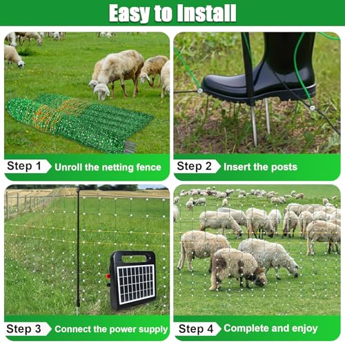 47"x164' Portable Electric Fence Netting & 0.25J Solar Energizer All-in-One Kit for Goats, Sheep, Gardens, Beehives, Dogs, and More for Livestock, Farms, Backyards and Ranches