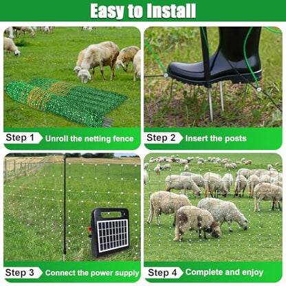 47"x164' Portable Electric Fence Netting & 0.25J Solar Energizer All-in-One Kit for Goats, Sheep, Gardens, Beehives, Dogs, and More for Livestock, Farms, Backyards and Ranches