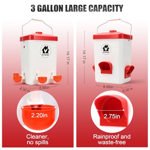 Chicken Feeder and Waterer Set,Hanging Chicken Waterer 3 Gallon | Poultry Water Feeder with Nipples and Feeding Ports No Waste,Chicken Coop Accessories