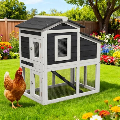 Chicken Coop, Chicken Run, Duck Coop Outdoor Chicken Coop for 2-4 Chickens Wooden Hen House Poultry Pet Hutch Run Cage (White) - color: White