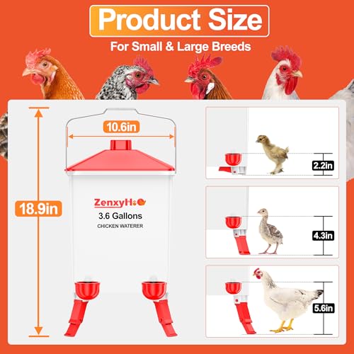 ZenxyHoC 3.6 Gal Chicken Waterer with Anti-Roost Cone, 3 Height Adjustable Locking Legs and 4 Automatic Water Cups for Backyard Flock - style: Waterer with Cups