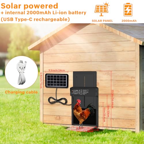 Automatic Chicken Coop Door,Solar Chicken Coop Door with Remote Control, LCD Display Automatic Chicken Door Function with Timer, Light Sensor, Anti-Pinch,Made of Aluminum Alloy and ABS