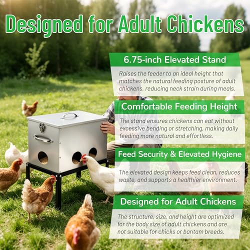 40lb Automatic Chicken Feeder, 6-Port Large Capacity Metal Poultry Feeder, Galvanized Steel Chicken Feeder for Hen Coop