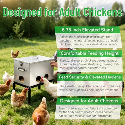 40lb Automatic Chicken Feeder, 6-Port Large Capacity Metal Poultry Feeder, Galvanized Steel Chicken Feeder for Hen Coop