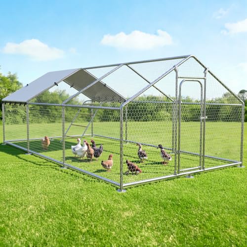 Large Metal Chicken Coop with Weatherproof Cover and Multi-Purpose Chicken Run for Chickens, Ducks, Rabbits, Farm and Yard Animal Pen (10’ W x 19.7’ L x 6.4’ H, Spire Roof-Roosting Perch) - size: 20x10Ft - Spire