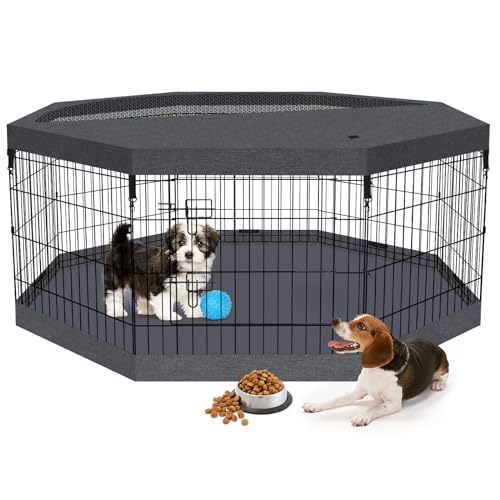 Peekaboo Dog Playpen 24" H 8-Panel with Top Cover & Bottom Pad, Black | 24 Inch 8 Panel Foldable Metal Dog Playpen with Top Cover and Waterproof Bottom Pad - style: Playpen + top and bottom cover