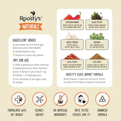 Roosty's Naturals Flock Armor Chicken De-wormer Chili Mix, 16oz | Daily Worm Defense • Boost Egg Quality • Feather & Vitality Boost • Gut Health Support • Made in USA