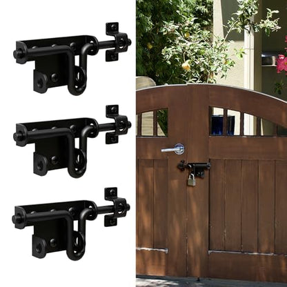 Black Slide Bolt Gate Latch - Dual Mode Installation Design | Heavy Duty Gate Latches with Padlock Hole for Wooden/Vinyl Fence & Barn Doors, 3 Pack