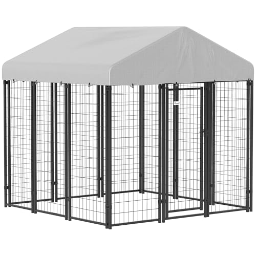 PawHut Outdoor Dog Kennel with Roof, 6' x 6' x 6' Heavy Duty Welded Wire Dog Playpen Enclosure with Escape-Proof Lock, UV-Resistant & Waterproof Cover, for Large Dogs, Chickens, Ducks, Silver - size: 71.3"L x 71.3"W x 72.0"H, style: Single Room