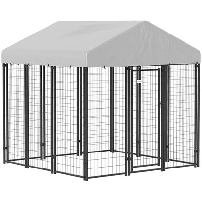 PawHut Outdoor Dog Kennel with Roof, 6' x 6' x 6' Heavy Duty Welded Wire Dog Playpen Enclosure with Escape-Proof Lock, UV-Resistant & Waterproof Cover, for Large Dogs, Chickens, Ducks, Silver - size: 71.3"L x 71.3"W x 72.0"H, style: Single Room