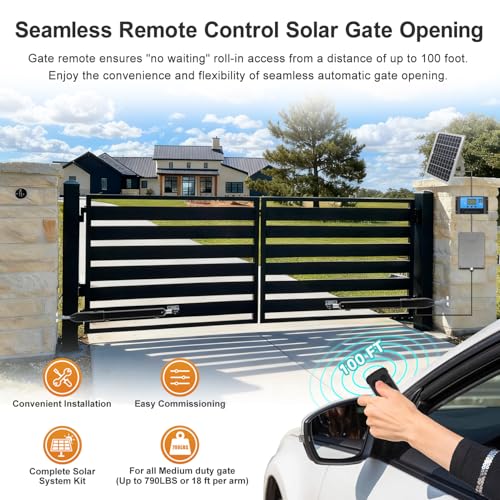 C025 Solar Gate Opener with Batteries & Solar Panel for Dual Swing Gates Up to 790lb 18FT per Arm Complete Automatic Gate Opener Kit with Remote Medium-Duty Electric Gate Opener Solar-Powered