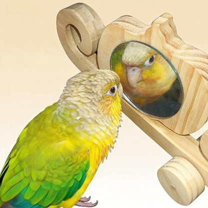 Pumpkin Carriage Mirror Toy for Small Birds, Natural Pine Wood, Dual-Sided Rotating Mirror, Rolling Wheels, 8.5x4.3 Inch