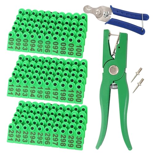 Sheep Ear Tag 001-300 Number Plastic Livestock Tags Goat with Punch Applicator Plier Tools and 2Pcs Ear Tag Pins (Green, 001-300) - color: Green, size: 001-300