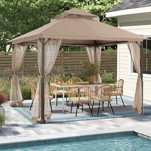 MASTERCANOPY Outdoor Patio Gazebo with Double Roofs, Stable Steel Frame and Mosquito Netting (11x11,Khaki) - color: Khaki, size: 11x11