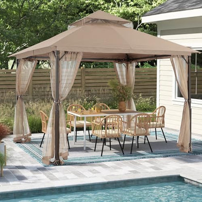 MASTERCANOPY Outdoor Patio Gazebo with Double Roofs, Stable Steel Frame and Mosquito Netting (11x11,Khaki) - color: Khaki, size: 11x11