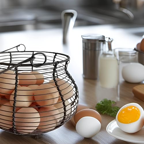 LINCOUNTRY. Farmhouse Wire Egg Baskets for Gathering Fresh Egg With Handle, Round Metal Chicken Egg Collecting Basket Countertop Holder Vintage Style for Kitchen