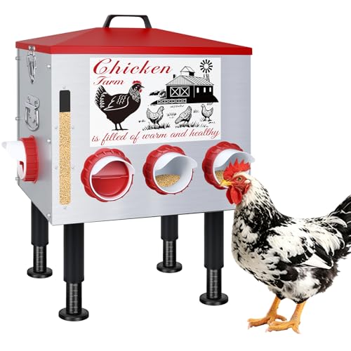50Lb Automatic Chicken Feeder with Window 10 Port No Waste Rust-Proof Galvanized Steel with Locking Lid & Adjustable Height Legs Waterproof Portable Poultry Feeder for Chickens,Ducks,Geese - size: 50LB