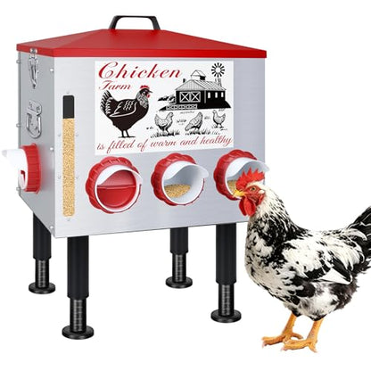 50Lb Automatic Chicken Feeder with Window 10 Port No Waste Rust-Proof Galvanized Steel with Locking Lid & Adjustable Height Legs Waterproof Portable Poultry Feeder for Chickens,Ducks,Geese - size: 50LB
