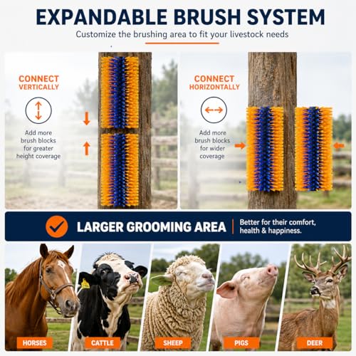 2 Pack Livestock Scratching Brush, Large Horse Grooming Brush Kit With Stainless Steel Curry Comb for Full Massage, Heavy Duty Animal Scratcher for Goat, Cow, Donkey, Horses, Barn or Pasture