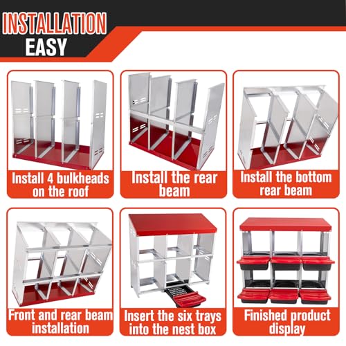 6 Hole Chicken Nesting Box - Heavy Duty Red Metal Roll Away Egg Laying Box for Hens with Perch & Ventilation - Wall Mount Poultry Coop Nest Box with Removable Tray