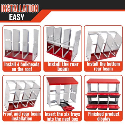 6 Hole Chicken Nesting Box - Heavy Duty Red Metal Roll Away Egg Laying Box for Hens with Perch & Ventilation - Wall Mount Poultry Coop Nest Box with Removable Tray