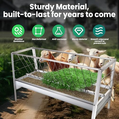 99 Gallon Pasture Hay Feeder, 2 in 1 Galvanised Steel Goat Hay Feeder with Deeper Feeding Pan for Goat Sheep Horse, Detachable Livestock Feeder Ease of Assembly in Farm Outdoor, Silver
