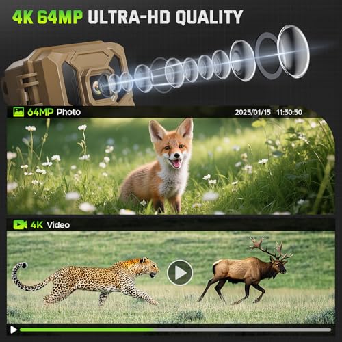 WiFi Trail Camera, 4K 64MP Game Cameras with Night Vision Motion Activated Waterproof IP66, 0.1s Trigger Trail cam with 32GB SD Card, Wildlife Camera with Built-in Battery Solar Panel