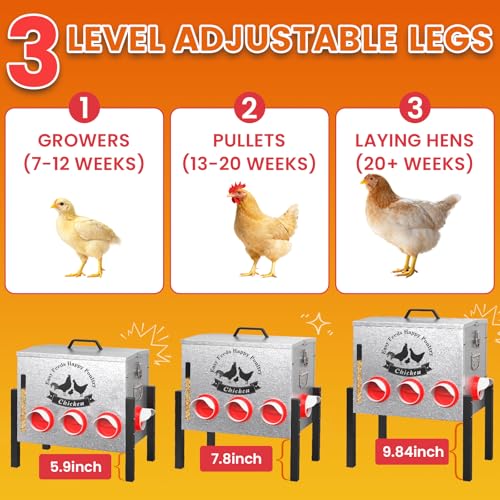 10gal 55LB Large Automatic Chicken Feeder with Window - 8 Port No Waste Design, Rust-Proof Alloy Steel with Locking Lid & Adjustable Legs, Waterproof Silo for Hens, Ducks, Geese, Poultry