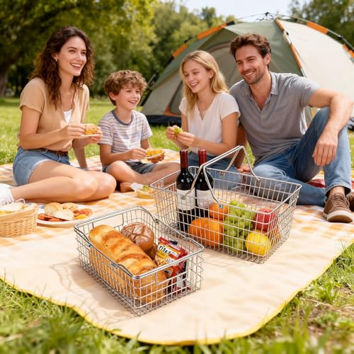 Small Picnic Baskets, Wire Baskets for Organizing with Foldable Handle - 12.6"x9.1"x5", Sturdy Stainless Steel Storage Baskets for Outdoor Picking, Picnic, Kitchen & Fridge & Cabinet Organizer(1, S) - size: Small