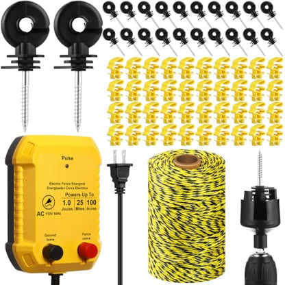 MorningRo Electric Wire Fence Kit, 25 Mile 110vac 1 J Plug in Fence Charger with 656 ft Polywire, 40 T Post Insulators, 20 Screw in Insulators for Pasture Farm Horse Cattle Poultry Fencing - size: 656FT, style: 1J