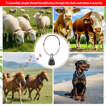 Misdary 4 Pack Goat Collars with Bells, Adjustable Iron Goat Chain Halter 14''-24'' Long for Sheep Horse Dog Cow Calf Farm Animal Supplies Accessories Animal Lovers Gift (Brown)