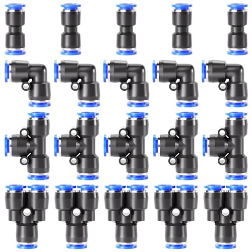 TAILONZ PNEUMATIC 3/8 inch od Push to Connect Fittings Pneumatic Fittings kit 5 Spliters+5 Elbows+5 tee+5 Straight (20 pcs) - color: Blue, size: 3/8"OD/20PCS