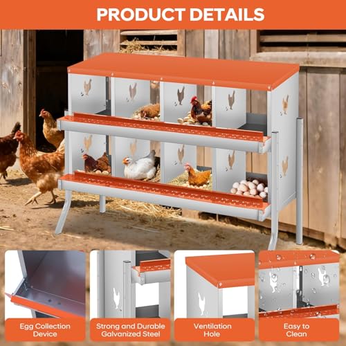 Two-Tier Removable Tray Design - Metal Chicken Nesting Box for Small Animals - 8 Compartments, Large Vented Holes, Wall-Mount or Stand, Easy Clean & Egg Collection - Red, 8 Compartments ZW - color: Orange | 8 Compartments+legs