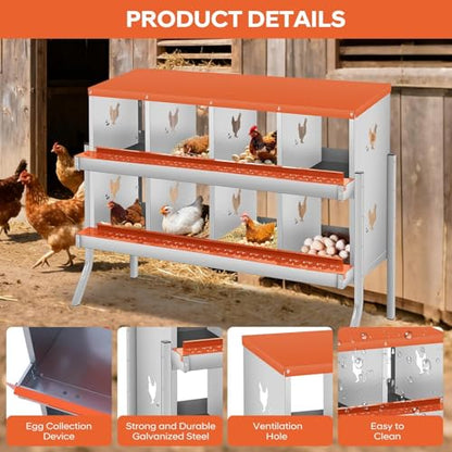 Two-Tier Removable Tray Design - Metal Chicken Nesting Box for Small Animals - 8 Compartments, Large Vented Holes, Wall-Mount or Stand, Easy Clean & Egg Collection - Red, 8 Compartments ZW - color: Orange | 8 Compartments+legs