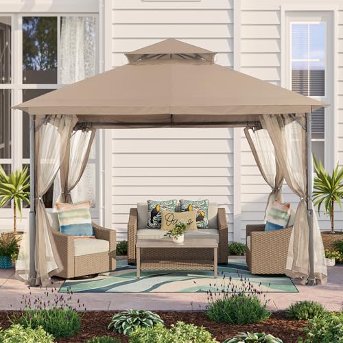 MASTERCANOPY Outdoor Patio Gazebo with Double Roofs, Stable Steel Frame and Mosquito Netting (11x11,Khaki) - color: Khaki, size: 11x11