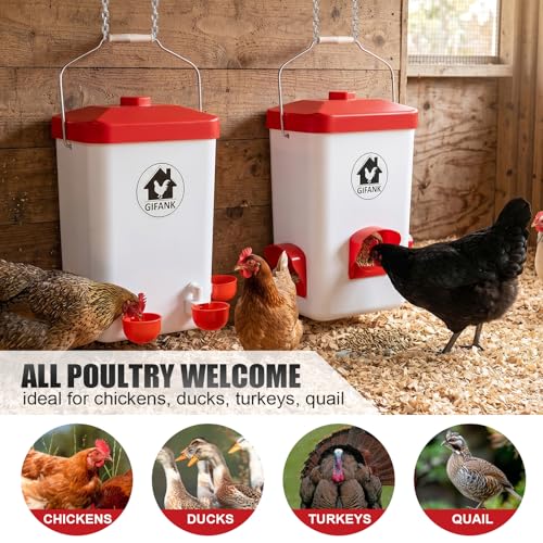 Chicken Feeder and Waterer Set,Hanging Chicken Waterer 3 Gallon | Poultry Water Feeder with Nipples and Feeding Ports No Waste,Chicken Coop Accessories