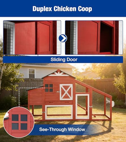 Mobile Chicken Coop with Run Outdoor Hen House with Slide-Out Tray Waterproof Roof Large Nesting Box 2 Perches Non-Slip Ramp Red - color: 73.4“L Red & White