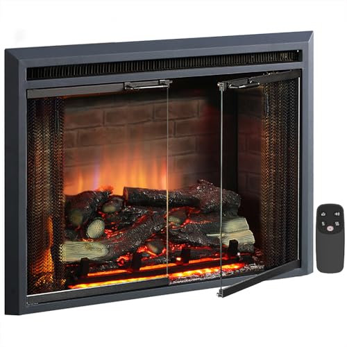 PuraFlame Klaus Electric Fireplace Insert with Fire Crackling Sound, Glass Door and Mesh Screen, 750/1500W, Black, 29 15/16 Inches Wide, 23 3/16 Inches High - size: 30" without Trim