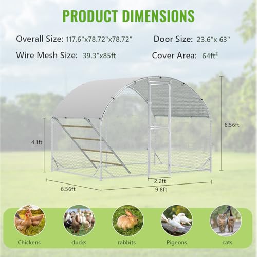Large Metal Chicken Coop, Chicken Runs for Yard with Cover, Arch Roof Chicken Coop, Outdoor Chicken Pen, Heavy Duty Galvanized Steel Frame, Waterproof Cover, 10 x 6.5 x 6.5 FT - size: 10' x 6.5'