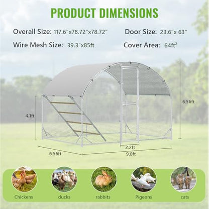 Large Metal Chicken Coop, Chicken Runs for Yard with Cover, Arch Roof Chicken Coop, Outdoor Chicken Pen, Heavy Duty Galvanized Steel Frame, Waterproof Cover, 10 x 6.5 x 6.5 FT - size: 10' x 6.5'
