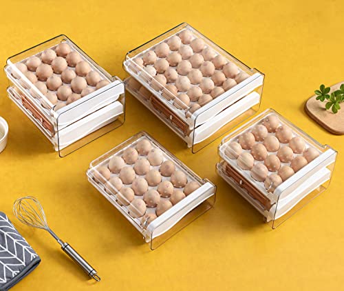 Sooyee 60 Capacity Egg Container for Refrigerator, Household Egg Holder with Time Memory, Transparent 2 Drawers Chicken Egg Storage Container, White - size: 60 Capacity