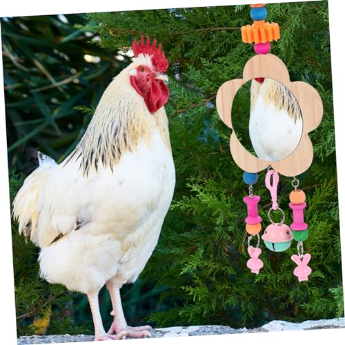 SUPVOX Wooden Hanging Mirror for Chickens Bells Interactive Pet Chicken Toy for Coop Enrichment Curiosity and Exercise and for Hens Accessories Included