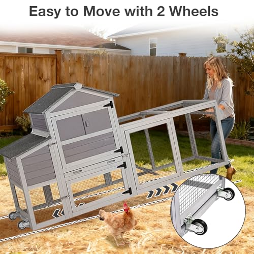 Chicken Coop Wooden with Wheels, Expandable Outdoor Chicken Tractor with Nesting Box & Pull-Out Tray, Easy-Clean Poultry Coop for 2–3 Chickens & Ducks - color: Grey