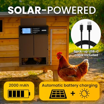 Okkobi Automatic Chicken Coop Door Solar Powered - LCD Display - Light Sensor & Timer - Security & Peace of Mind: Anti-Pinch Function - 5-Year Protection - Dark Brown - color: Dark Brown