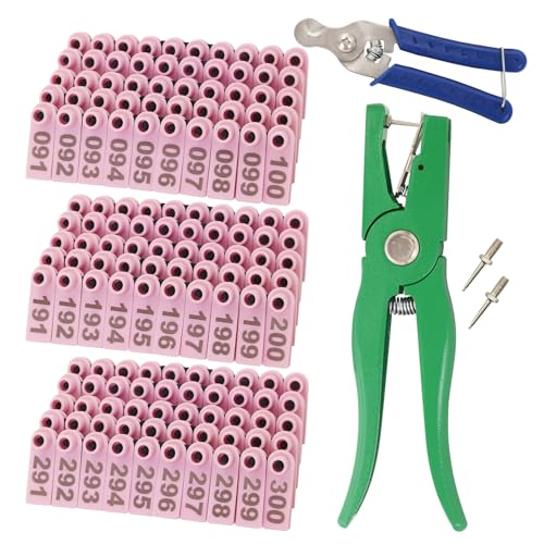 Sheep Ear Tag 001-300 Number Plastic Livestock Tags Goat with Punch Applicator Plier Tools and 2Pcs Ear Tag Pins (Pink, 001-300) - color: Pink, size: 001-300