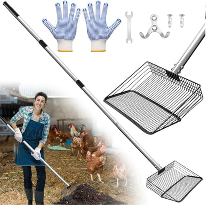 Chicken Poop Scooper 10 Inch, Anglecai Large Chicken Coop Litter Scoop 22'' to 62" Long Litter Sifting Shovel 4 in 1 Multifunctional Poop Shovel for Poultry Coop Cleaning Tool