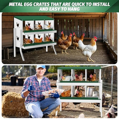 IDEALHOUSE Chicken Nesting Box, Galvanized Steel Laying Box with Rustproof & Roll-Away Egg Design, for Hens, Green 6 Compartment with Bracket - color: Green, size: 6 compartments (with bracket)
