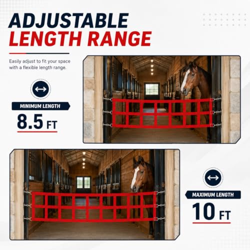 10 ft Adjustable Stall Guards for Horses Heavy Duty Polypropylene Webbing Stalls Guards Red Stall Gate with 6 Nails and 6 Hooks for Stables Barns Breeding to Keep Horse Securely