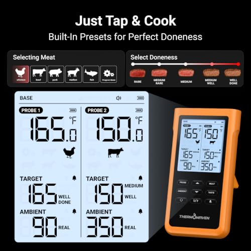 ThermoMaven Sub-1G Wireless Meat Thermometer, No App, 2 Ultra-Thin Probes | 3000FT Open Range, Standalone Base, 6 Sensor NIST Accuracy, IPX8 Waterproof, BBQ Smoker Grill Oven Brisket Steak Turkey Pork - color: Orange